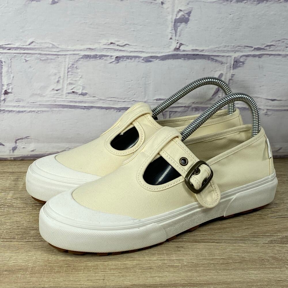 Vans Mary Jane Slip On Sneakers Women's 7.5 Cream Beige Buckle Flats Loafers